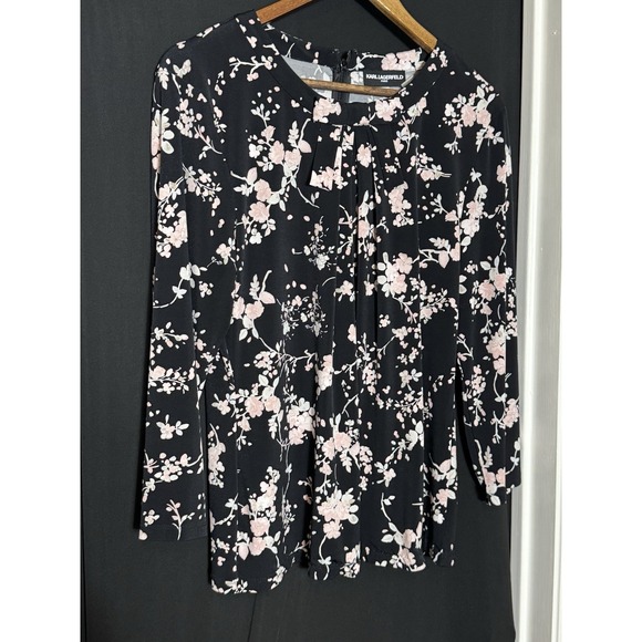 Karl Lagerfeld Blouse Women's L Floral Pink Bow Office Career Feminine - Picture 2 of 7